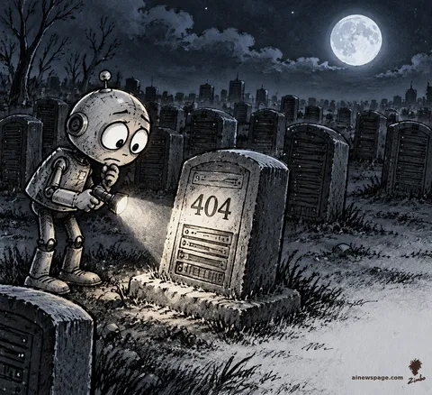 A small worried robot reads by flashlight a moonlit tombstone shaped like a dead server engraved 404.