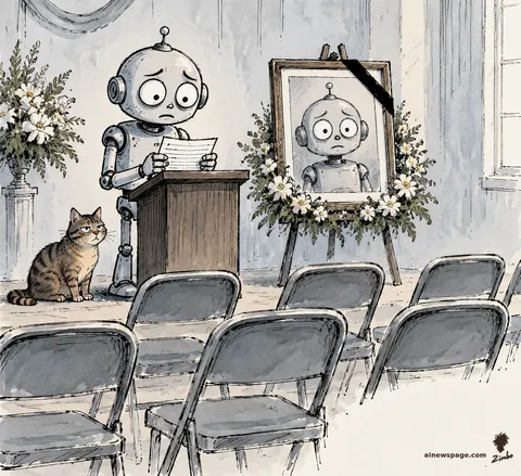 Merv the anxious robot reads a heartfelt eulogy from index cards at a podium before rows of empty chairs; on an easel beside him, a framed portrait of himself draped with a mourning ribbon.
