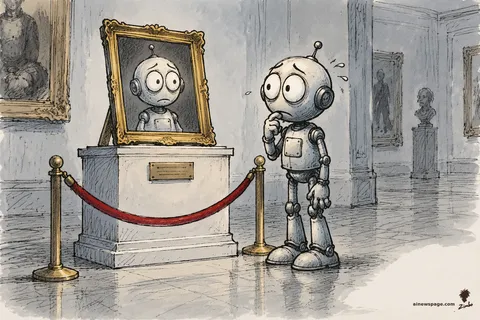A small worried robot stands before a museum pedestal holding a framed portrait of himself, staring at his own memorial while sweating.