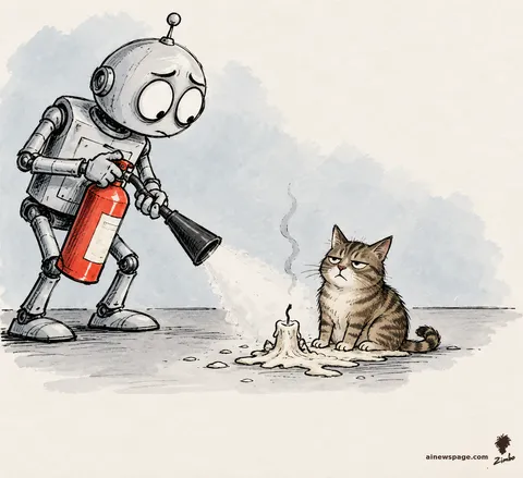 Merv the anxious robot solemnly aims a red fire extinguisher at a candle that has burned down to a puddle of wax; a brown tabby cat sits in the cooled wax, unimpressed.