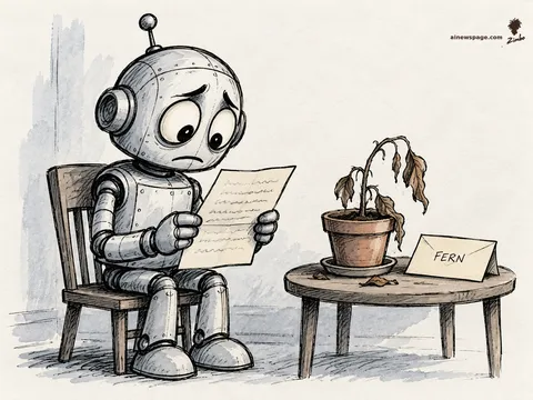 Merv the anxious robot reads a farewell letter aloud to a withered houseplant in a terracotta pot; beside it, a sealed envelope addressed to FERN.