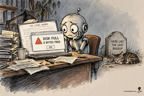 Merv the anxious robot stares at a DISK FULL — 0 BYTES FREE dialog over a document titled MY LIFES WORK; beside the desk a headstone reads HERE LIES THE LAST BACKUP; Issue the tabby naps.