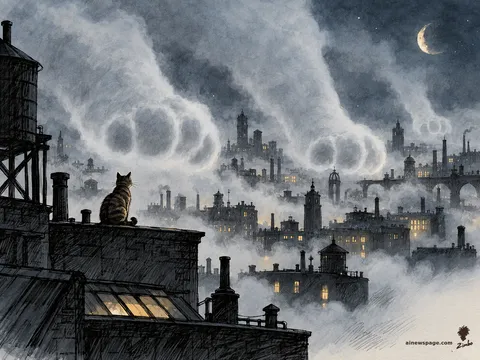 A bank of fog rolls over a sleeping city shaped like enormous quiet cat paws; a tabby cat sits on a rooftop watching, at home in it.