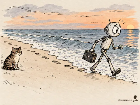 Merv the anxious robot marches with purpose along a beach at dusk, briefcase in hand, as an incoming wave washes away his footprints one by one; Issue the tabby watches from dry sand, unimpressed.