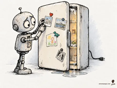 Merv carefully arranges photos and magnets on an unplugged refrigerator, water pooling as it defrosts, one photo sliding off.