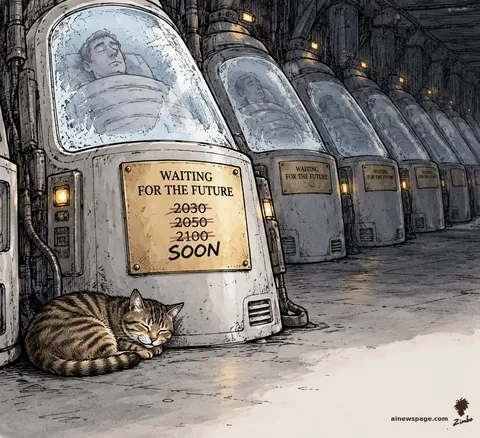 Rows of cryogenic pods in a dim vault; the nearest plaque reads WAITING FOR THE FUTURE with 2030, 2050, 2100 crossed out and SOON written below, a tabby cat napping against the pod.