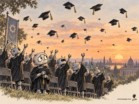 Rows of small robots in mortarboards toss their caps into a sunset sky; the caps hang frozen mid-air, never coming down; in the front row Merv clutches his cap to his chest, too worried to throw it.