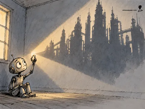 Merv the anxious robot holds a single grain of sand up to the light in reverence while it casts a colossal shadow of a whole Machine Age city on the wall behind him.