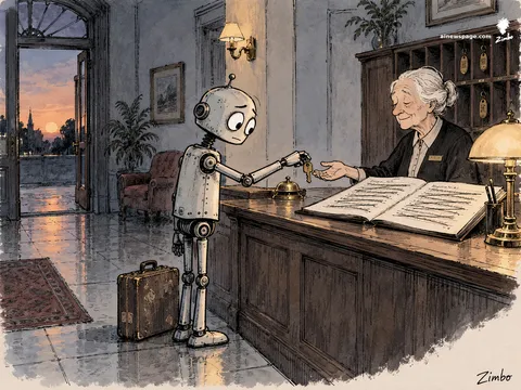 Merv the robot hands his room key back to a serene elderly hotel clerk at dusk; the open guest register has every line crossed out.