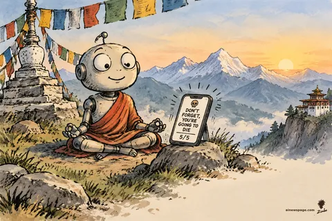 A robot in monk robes meditates serenely on a Himalayan hillside at dawn while a phone beside him buzzes with a notification reading DON'T FORGET, YOU'RE GOING TO DIE — 5/5.