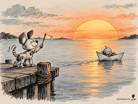 Buddy the robot dog waves a tiny flag from a dock, bright and happy, as a paper boat carrying a small sleeping robot drifts on calm water toward a huge low sunset.