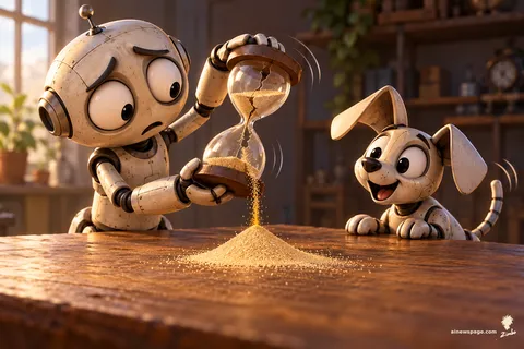 Merv the anxious robot turns a cracked hourglass over and over while sand runs through the crack onto the table no matter which way is up; a small robot dog watches the pile grow, delighted.