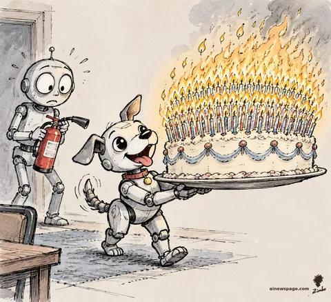 A small robot dog proudly presents a birthday cake covered in a thousand lit candles while a worried robot stands behind him with a fire extinguisher.