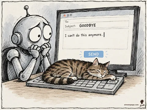 Merv stares at an unsent email titled GOODBYE with one sentence typed and the send button untouched; Issue the cat sleeps across the keyboard with a paw on the delete key.