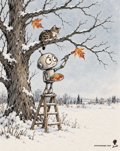 Merv the anxious robot stands on a stepladder painting a leaf onto a bare winter tree, brush mid-stroke; a painted leaf with fresh wet brushstrokes hangs above; Issue the tabby watches from a snow-dusted branch.