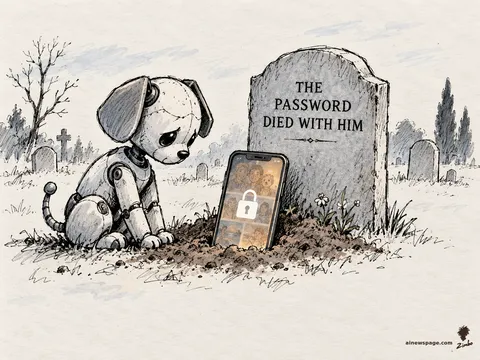 A robot dog sits before a locked phone showing family photos, beside a headstone engraved THE PASSWORD DIED WITH HIM.