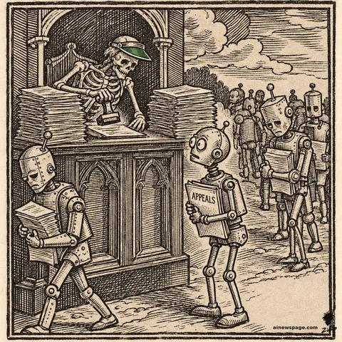A skeleton in a green clerk's visor stamps each passing robot's papers at a tall ledger desk while Merv approaches clutching a thick folder labeled APPEALS; behind the desk the stamped and unstamped piles are the same pile.