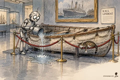 Merv diligently bails water from a lifeboat roped off in a museum gallery while Issue naps across the rope.