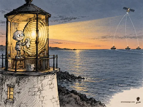 Merv polishes a great lighthouse lens at dusk while distant ships steer by satellite signals on the horizon.