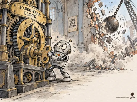 A sweating robot winds a giant 10,000-year clock with a huge key while a wrecking ball demolishes the building housing it behind him.