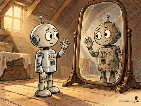 Merv the anxious robot, shiny and new, waves at an old attic mirror; the reflection shows him rusted, patched, and ancient — still waving back cheerfully in warm dust-light.