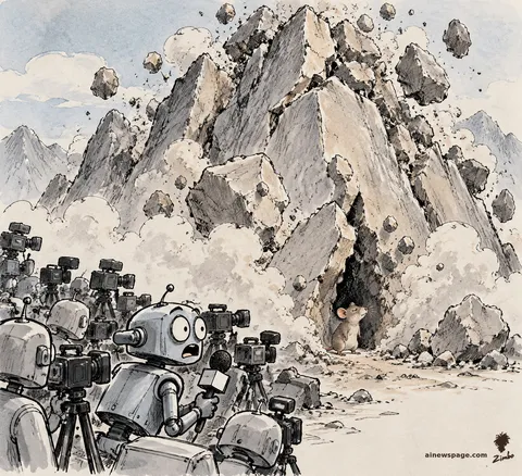 A colossal mountain quakes and crumbles as robot camera crews film; Merv reports into a microphone while one tiny mouse pops out of a crack at the base.