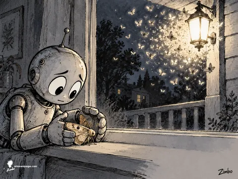 Merv the anxious robot gently cups both hands around a large moth on a windowsill, shielding it from a blazing porch light swarmed by a cloud of moths.