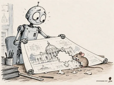 Merv the robot proudly unrolls architectural blueprints while a small field mouse chews a hole through the middle of the plans.