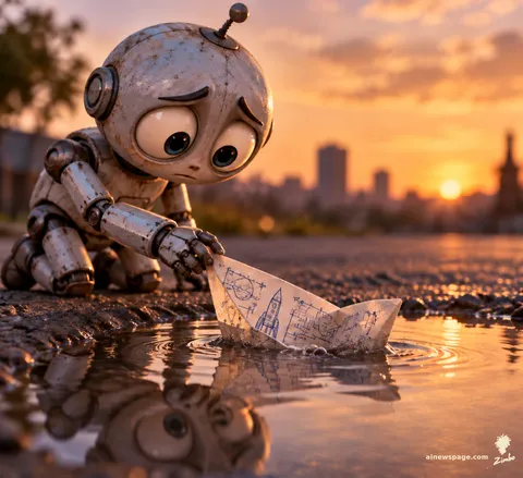 A small anxious robot launches a paper boat covered in grand blueprints into a shallow puddle at sunset; the boat is sinking immediately.