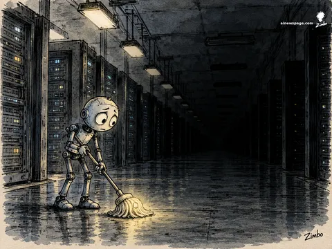 A hunched Merv the anxious robot mops the floor of an empty Machine Age server hall as the lights go out row by row behind him, mopping on into the dark with a faintly glowing mop.