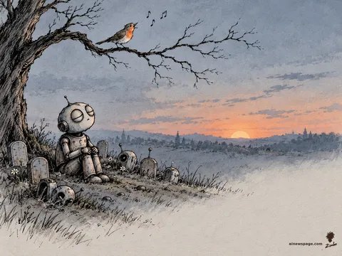 A nightingale sings on a bare branch above a tiny robot graveyard at dusk while Merv sits among the small stones, eyes closed, listening.