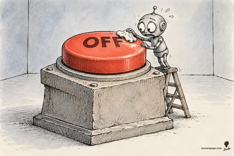 A worried robot on a stepladder polishes a colossal red OFF button on a stone pedestal in an empty room.