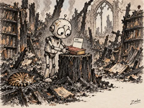 Merv the anxious robot ceremonially returns a book with a DUE: YESTERDAY slip onto a blackened stump in a burned-down library, charred shelves around him; Issue the tabby naps in the ashes.