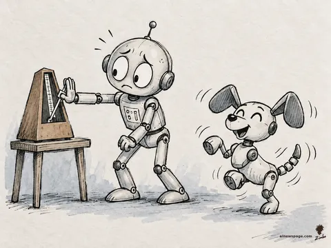 Merv the anxious robot holds his hand flat against a metronome to stop its arm mid-swing while a small robot dog dances joyfully beside him anyway.