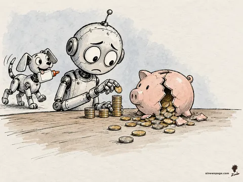 Merv the anxious robot counts coins beside a cracked pink piggy bank spilling coins from its split; a small robot dog arrives carrying a bottle of glue.