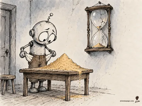 Merv the anxious robot turns his pockets out onto a table, a small mountain of sand pouring out; behind him hangs a cracked hourglass, missing exactly a pocketful.