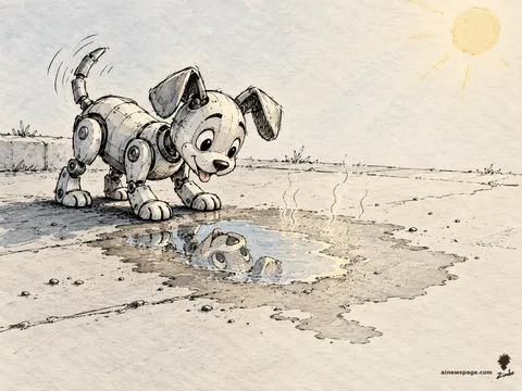 Buddy the robot dog wags at his own reflection in a rain puddle evaporating in the sun, the reflection shrinking as he watches.