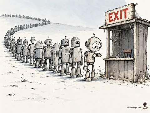 A long winding queue of robots stretches to a small wooden booth labeled EXIT, empty and cobwebbed; Merv at the front checks his watch impatiently.
