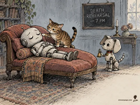 A robot lies perfectly still on a fainting couch, arms folded, eyes closed, rehearsing; a tabby cat pokes his cheek while a robot dog stands by with a tiny handbell; a chalkboard reads DEATH REHEARSAL — 7 PM.