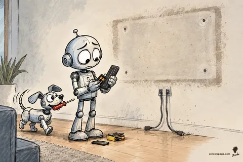 Merv the anxious robot changes the batteries in a TV remote before a bare wall showing only the dust outline where the television hung; a small robot dog trots up carrying a screwdriver.