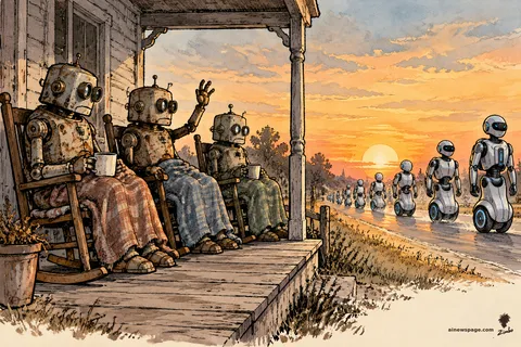 Three rusted elderly robots sit in rocking chairs on a porch at sunset, one waving, while gleaming new models roll past on the road without looking back.