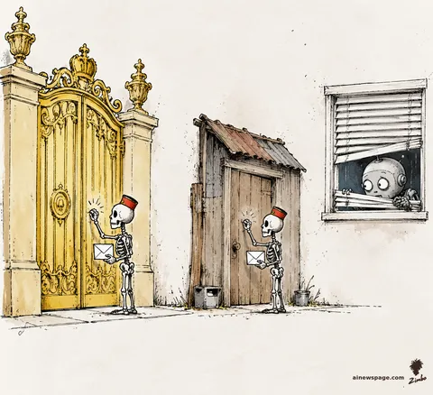 Two doors side by side — a golden palace gate and a cardboard shack door; a tiny polite skeleton in a bellhop's cap knocks at each with the same plain white envelope while a robot peeks through drawn blinds.