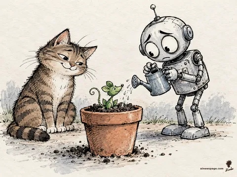 A worried robot waters a flowerpot where a green sprout shaped like a mouse is growing; a knowing tabby cat watches.