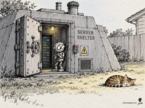 A worried robot stands guard in a massive steel SERVER SHELTER around a server rack while a tabby cat naps on the bare grass outside, unprotected.