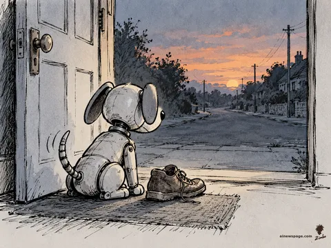 Buddy the robot dog sits beside a single worn shoe by an open front door at dusk, tail wagging, watching the empty road.