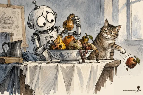 Merv the anxious robot arranges a bowl of rotting fruit for a still-life painting session while a brown tabby cat bats a withered apple off the table.