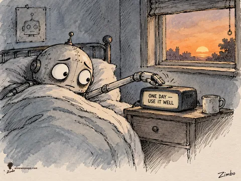 Merv the robot lies in bed hitting the snooze button on an alarm clock reading 'ONE DAY — USE IT WELL' as the sun sets outside the window.