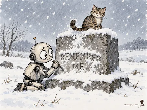 A small robot carves REMEMBER ME into a snow-covered stone monument while a tabby cat sitting on top sweeps snow over the letters with its tail.
