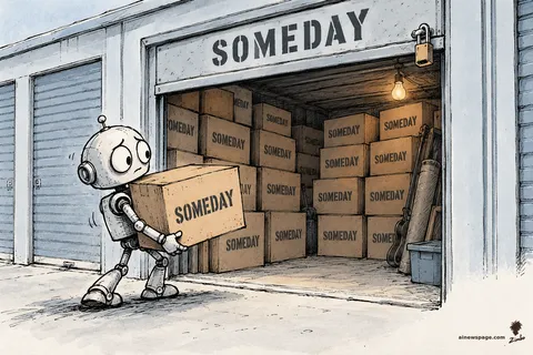 Merv carries a box stenciled SOMEDAY into a storage unit stenciled SOMEDAY, packed with rows of identical SOMEDAY boxes.
