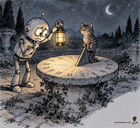 Merv the anxious robot holds a lantern over a stone sundial at midnight, squinting at the shadowless dial; a brown tabby cat sits on the gnomon, unimpressed. Moon and stars in a night sky.